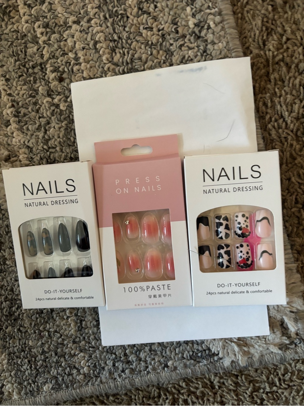 Assorted Press-On Nail Trio — Pink Ombre, Gray Marble & Pink Animal Accents